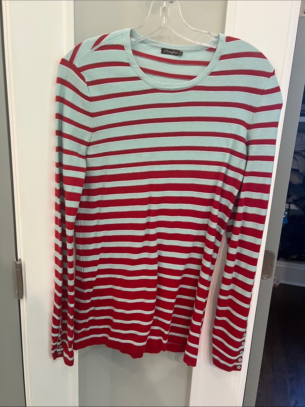 J. McLaughlin Striped Long-Sleeve Crewneck Top - Aqua & Red